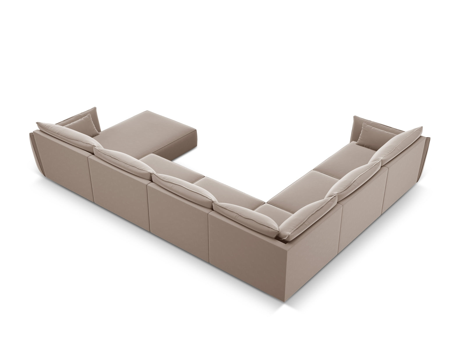 Luxuriöses Kaelle Velour Panoramic Ecksofa links für 8 Personen in edlem Cappuccino-Bluvel, perfekt für stilvolle Wohnzimmer.