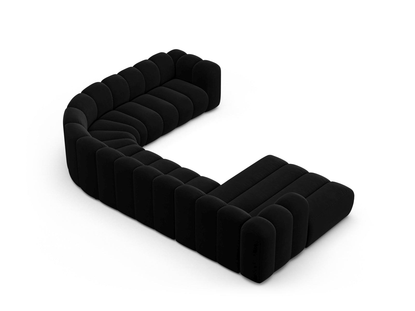 Elegantes, modulares 6-Sitzer Ecksofa aus weichem Velours, rechtsseitig, ideal für stilvolle Wohnräume und entspannte Stunden.