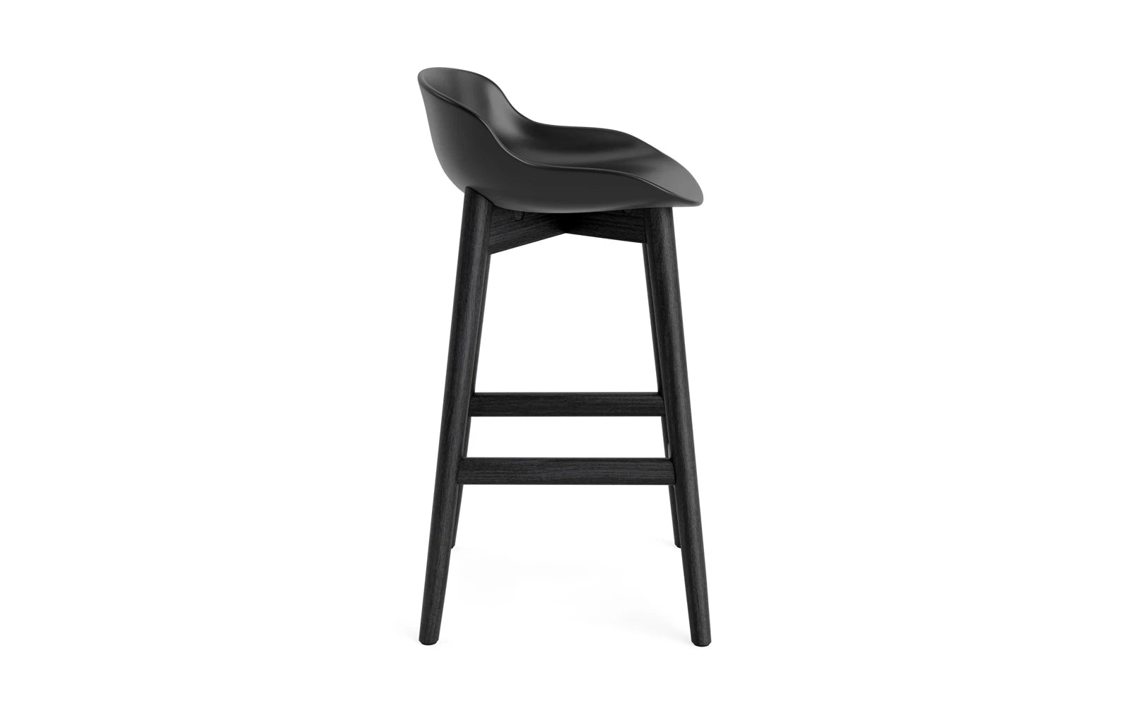 Eleganter Hyg Barhocker 65 cm in schwarzer Eiche und Stahl. Ideal für stilvolle Essbereiche, vereint er skandinavisches Design mit höchstem Sitzkomfort.