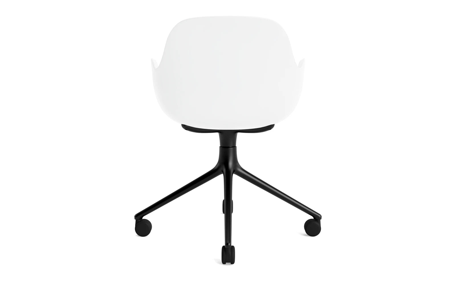 Eleganter Form Drehstuhl 4W von Normann Copenhagen: Stilvolles Design mit schwarzem Aluminiumgestell und minimalistischer weißer Sitzfläche, ideal für Büros.