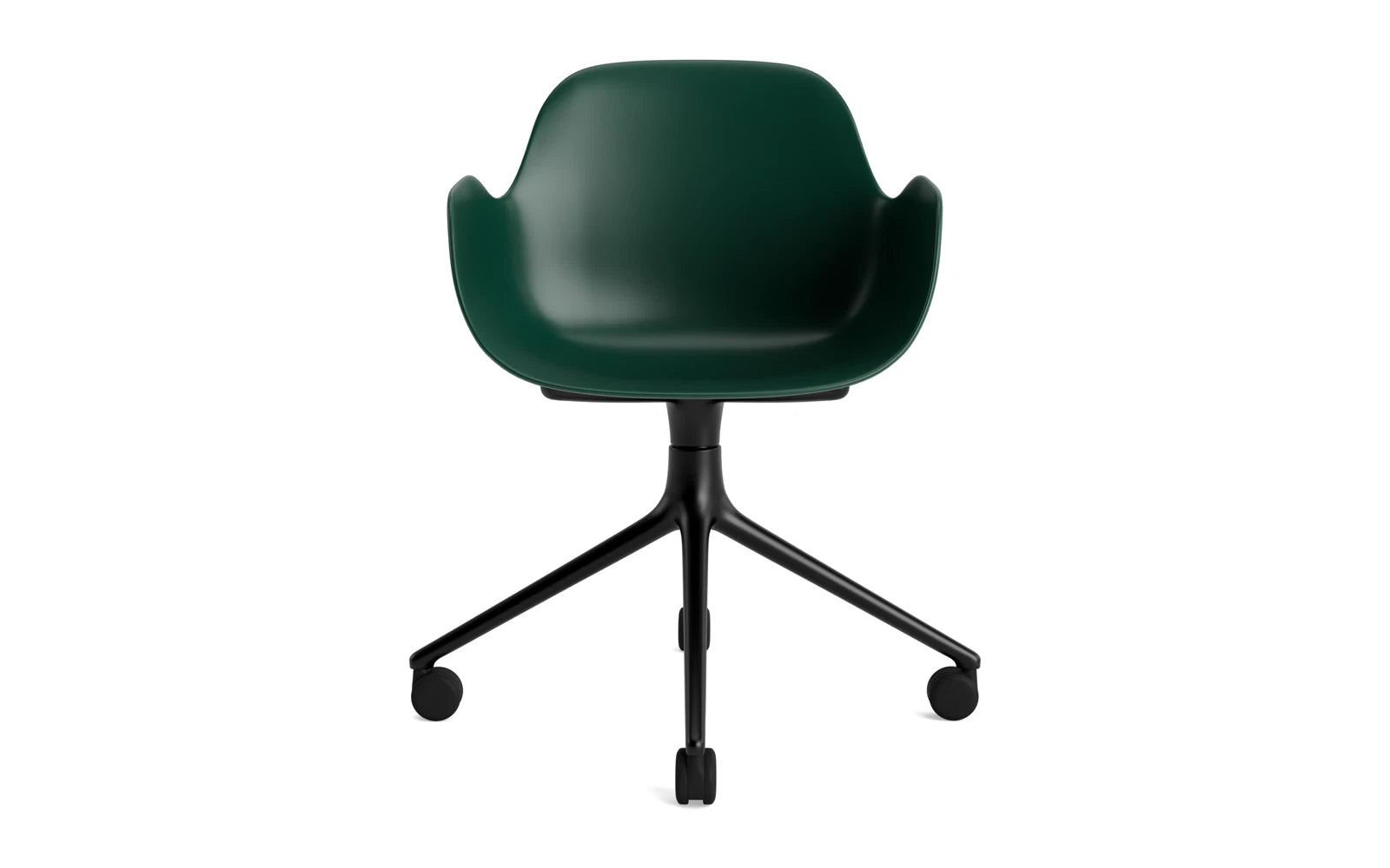 Erleben Sie den Form Drehsessel 4W von Normann Copenhagen: Elegantes Design mit drehbarem Gestell aus schwarzem Aluminium und stilvoller grüner Sitzschale.