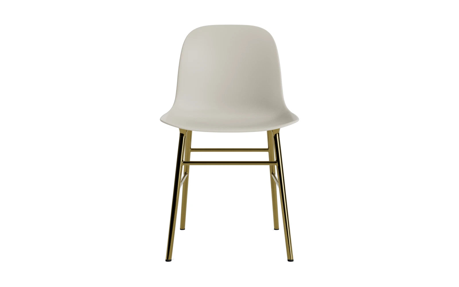 Moderner Form Stuhl in sanftem Hellgrau mit edlen Messingbeinen, perfekt für ein zeitgemäßes und elegantes Interieur.
