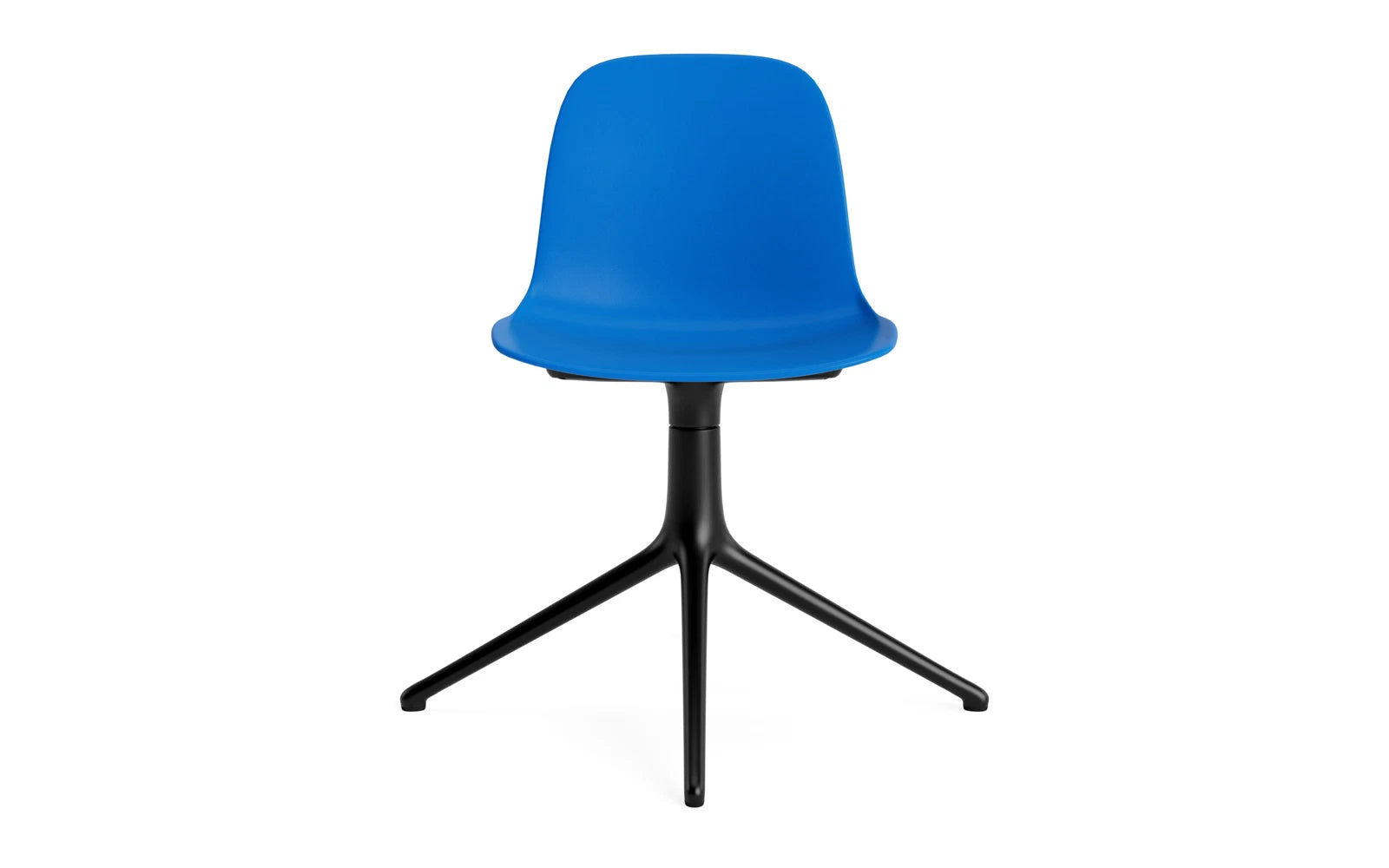 Eleganter Form Drehstuhl in strahlendem Blau mit schwarzem Aluminiumgestell – ideal für modernes Wohndesign und Komfort.