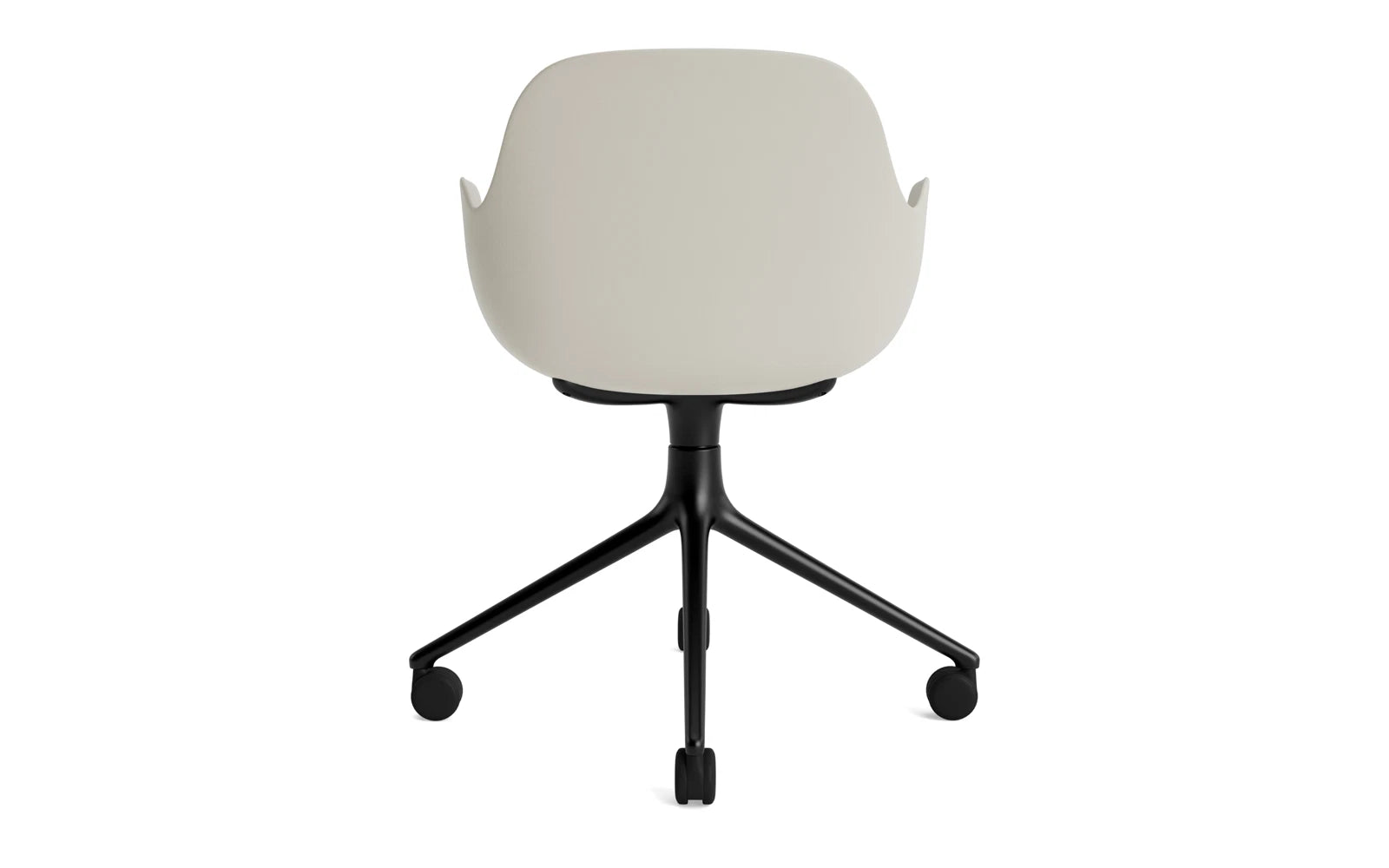 Eleganter Form Drehstuhl 4W von Normann Copenhagen, gefertigt aus schwarzem Aluminium und hellgrauem Stoff, ideal für modernes Bürodesign.