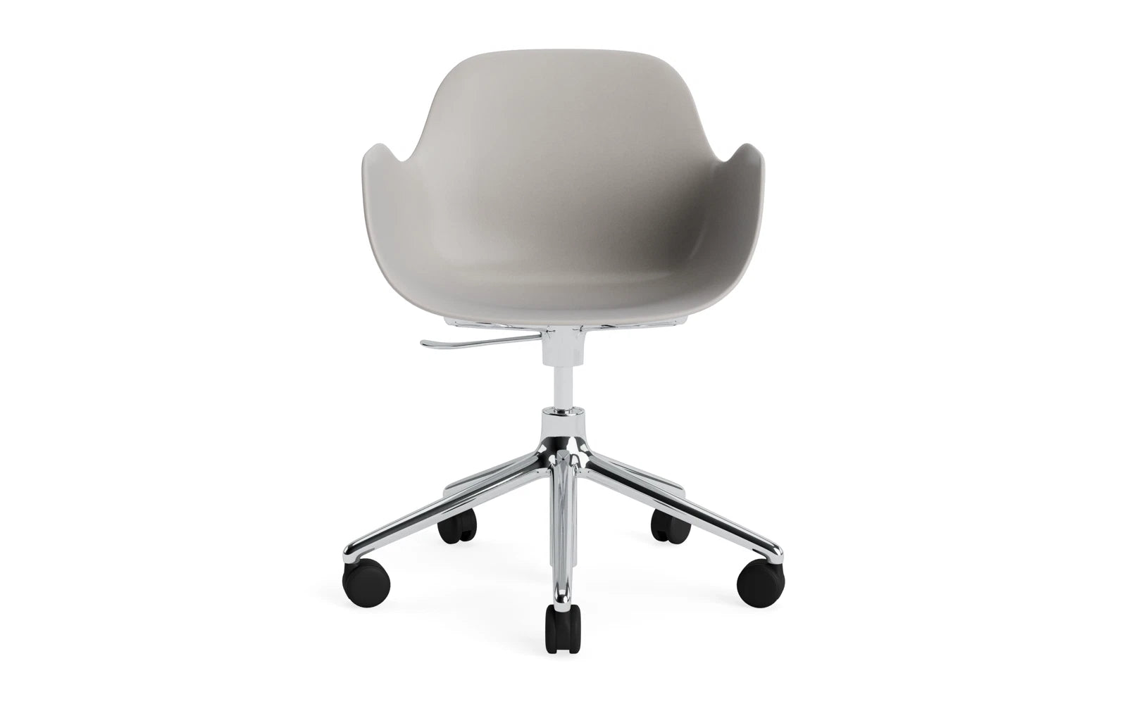 Moderner Drehstuhl in warmem Grau mit Aluminiumgestell, perfekt für stilvolle Büros und ergonomisches Sitzen.