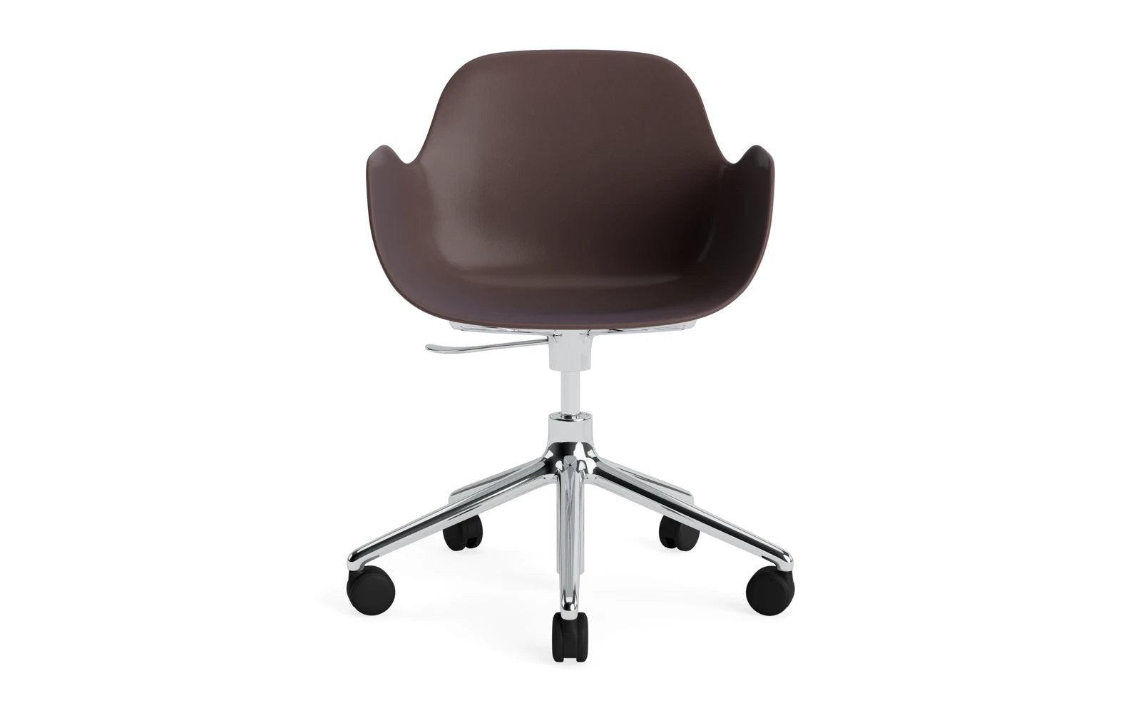 Eleganter Form Drehstuhl mit Rollen in Braun und Aluminium, ideal für Büro und Home Office, vereint Komfort und modernes Design.