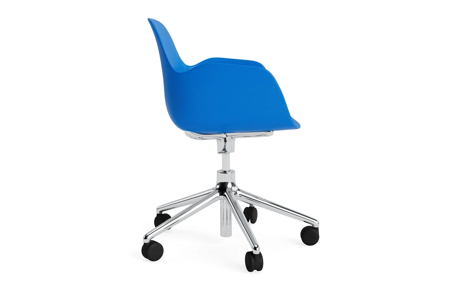 Eleganter Drehstuhl mit Rollen in lebhaftem Blau und Aluminium, perfekt für moderne Büros und inspirierende Arbeitsplätze.