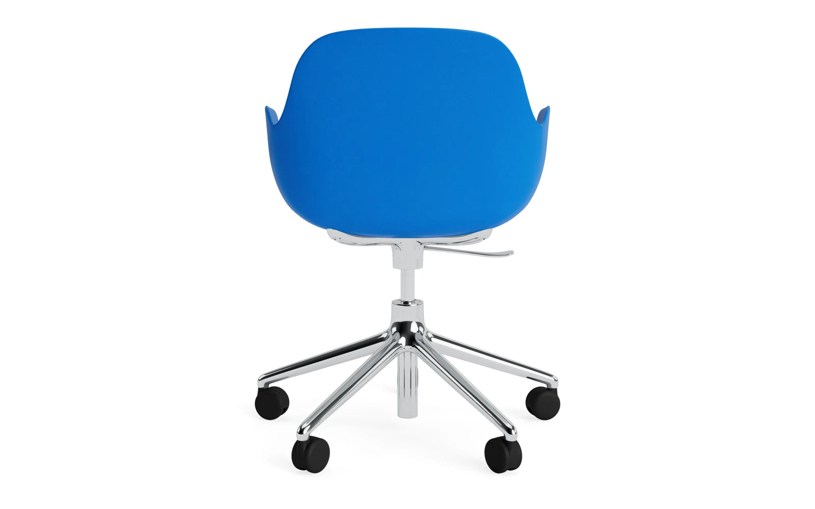 Moderner Bürostuhl mit Rollen in lebhaftem Blau und Aluminium, ideal für stilvolle Arbeitsumgebungen und kreatives Arbeiten.