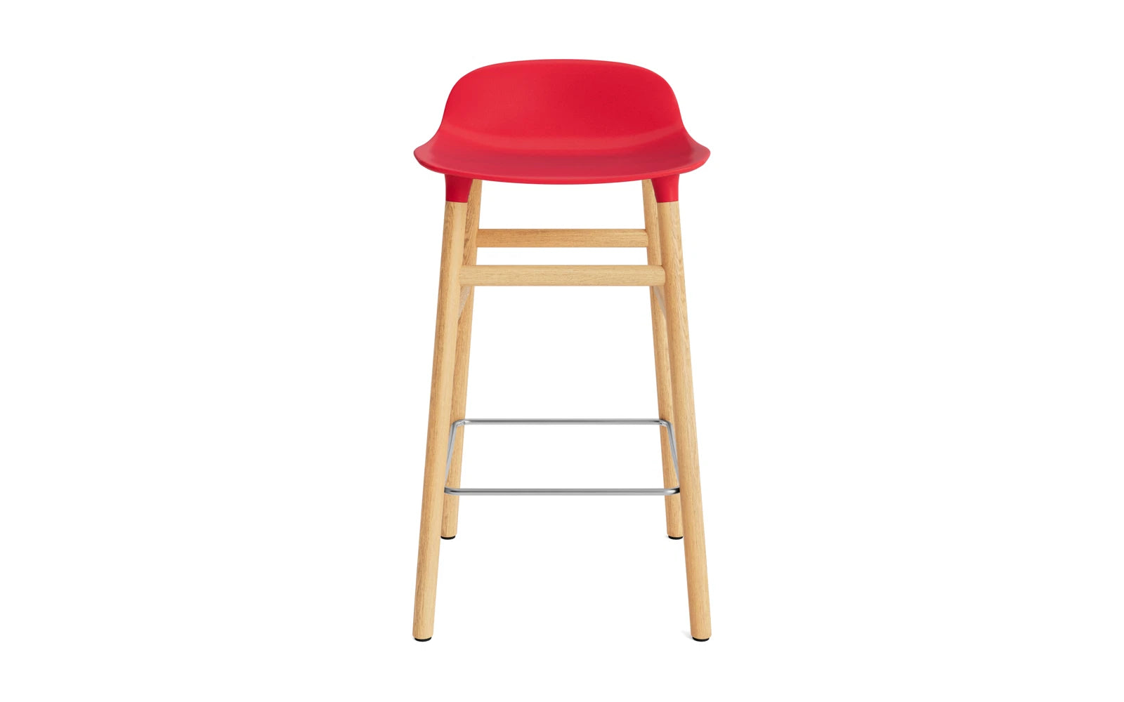 Entdecken Sie den Form Barstuhl 65 cm in lebhaftem Rot und Eiche – ein stilvolles Highlight für jede Bar oder Küche.