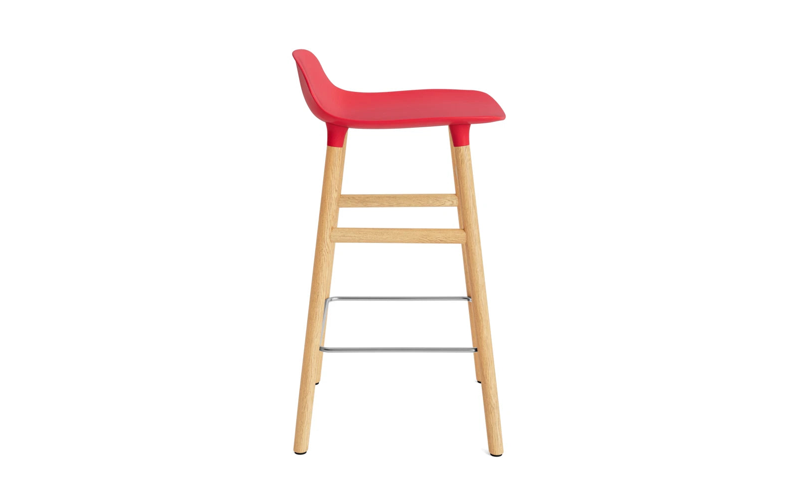 Eleganter Barstuhl in strahlendem Rot mit Eiche-Akzenten, perfekt für trendige Bars und Esszimmer – Höhe 65 cm.