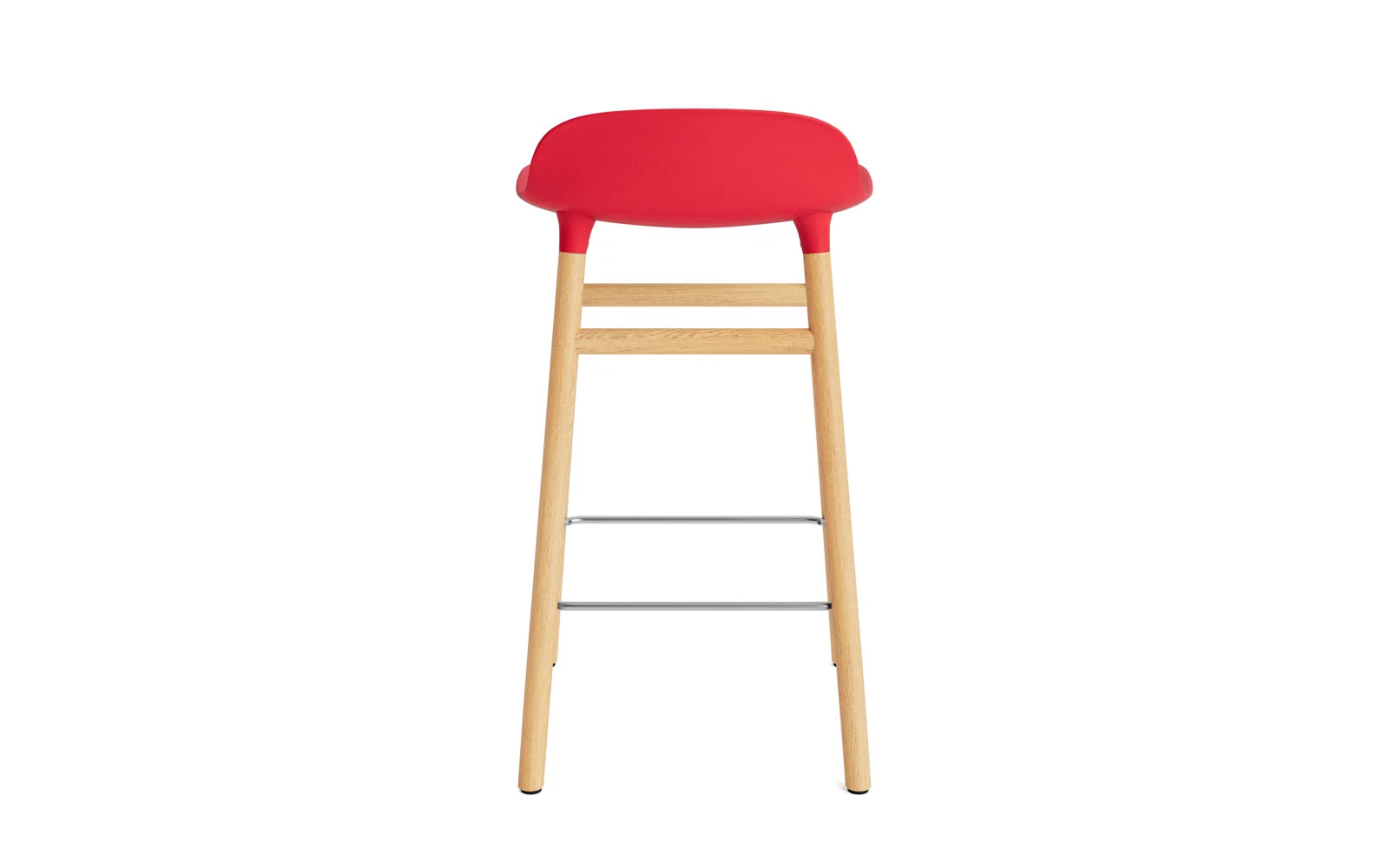 Stylischer Form Barstuhl in leuchtendem Rot und Eiche, ideal für moderne Bars und Küchen, 65 cm hoch.