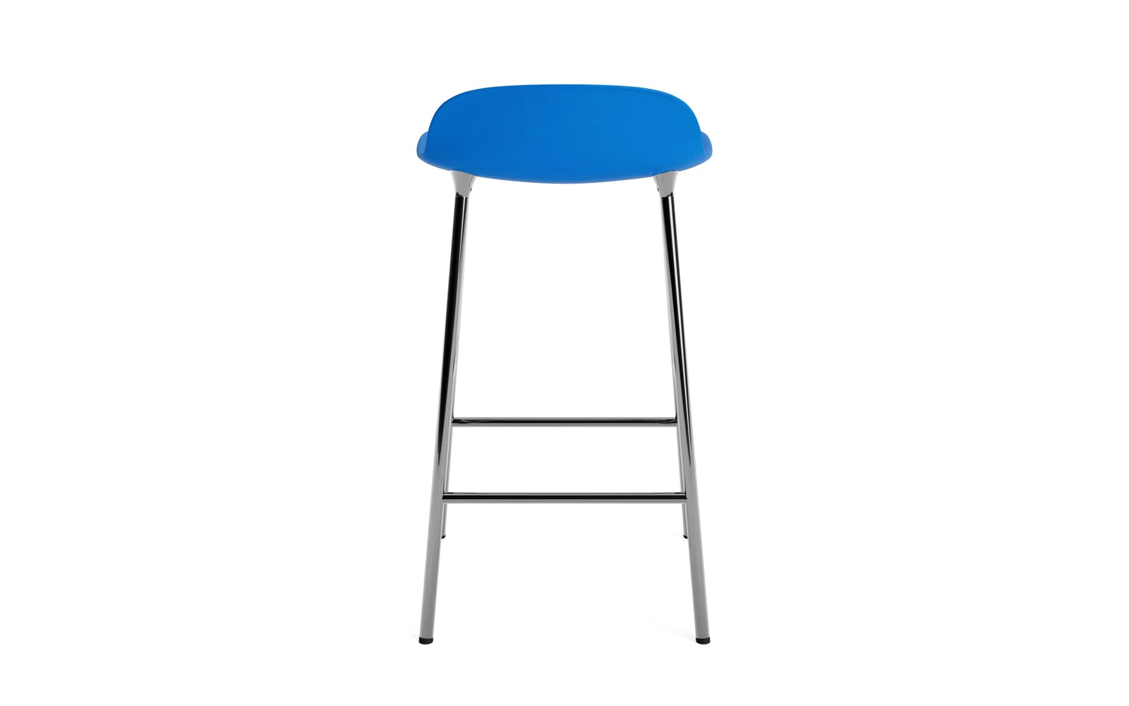 Stylischer Form Barstuhl in leuchtendem Blau mit chromfarbener Basis, ideal für trendige Bars und Küchen. Höhe: 65 cm.