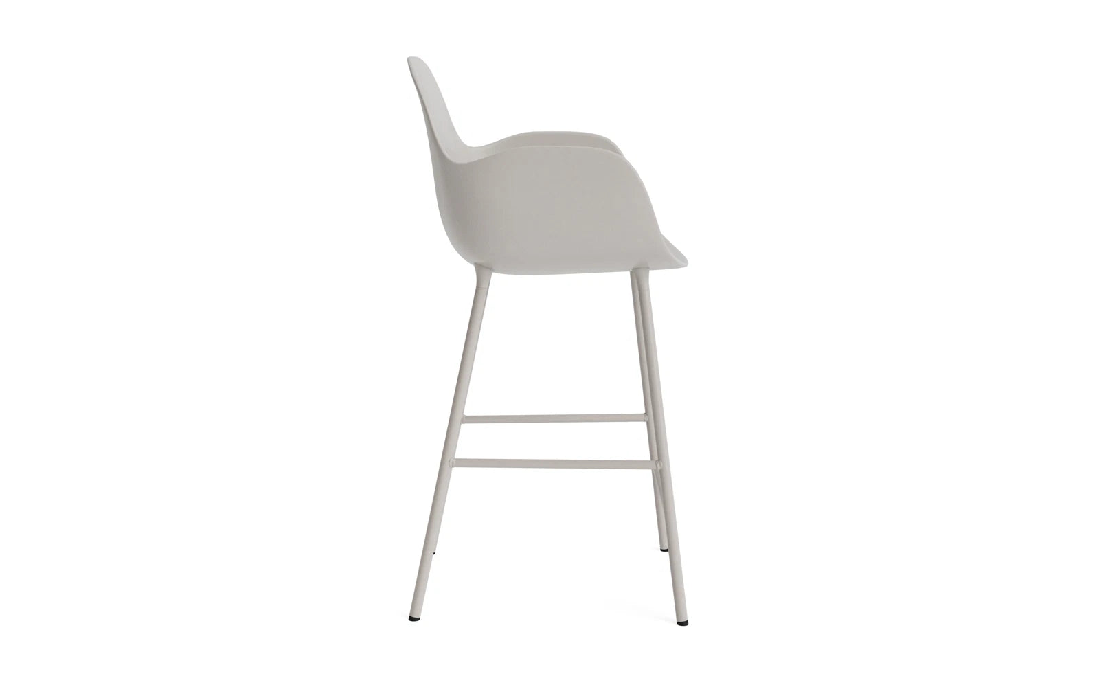 Eleganter Form Barstuhl mit Armlehne in warmem Grau, 65 cm hoch, aus langlebigem Stahl – perfekt für stilvolle Bars und Essbereiche.