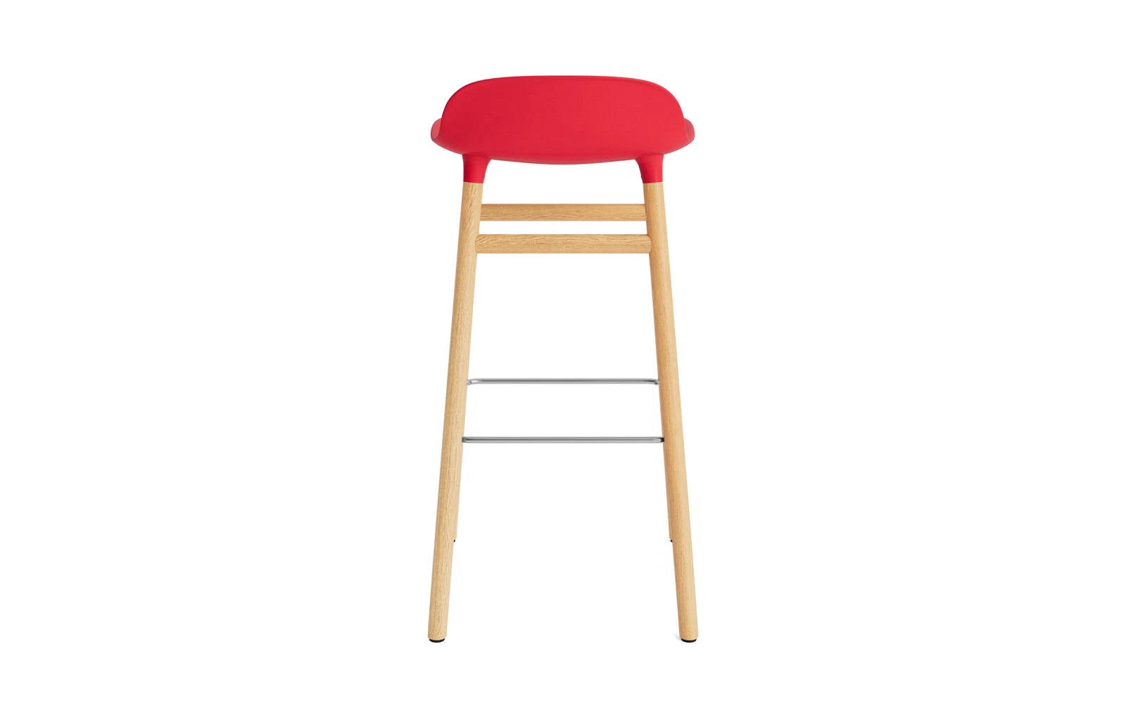 Der Form Barstuhl in strahlendem Rot mit Eichelementen bietet eine moderne und einladende Sitzgelegenheit für jeden Raum.