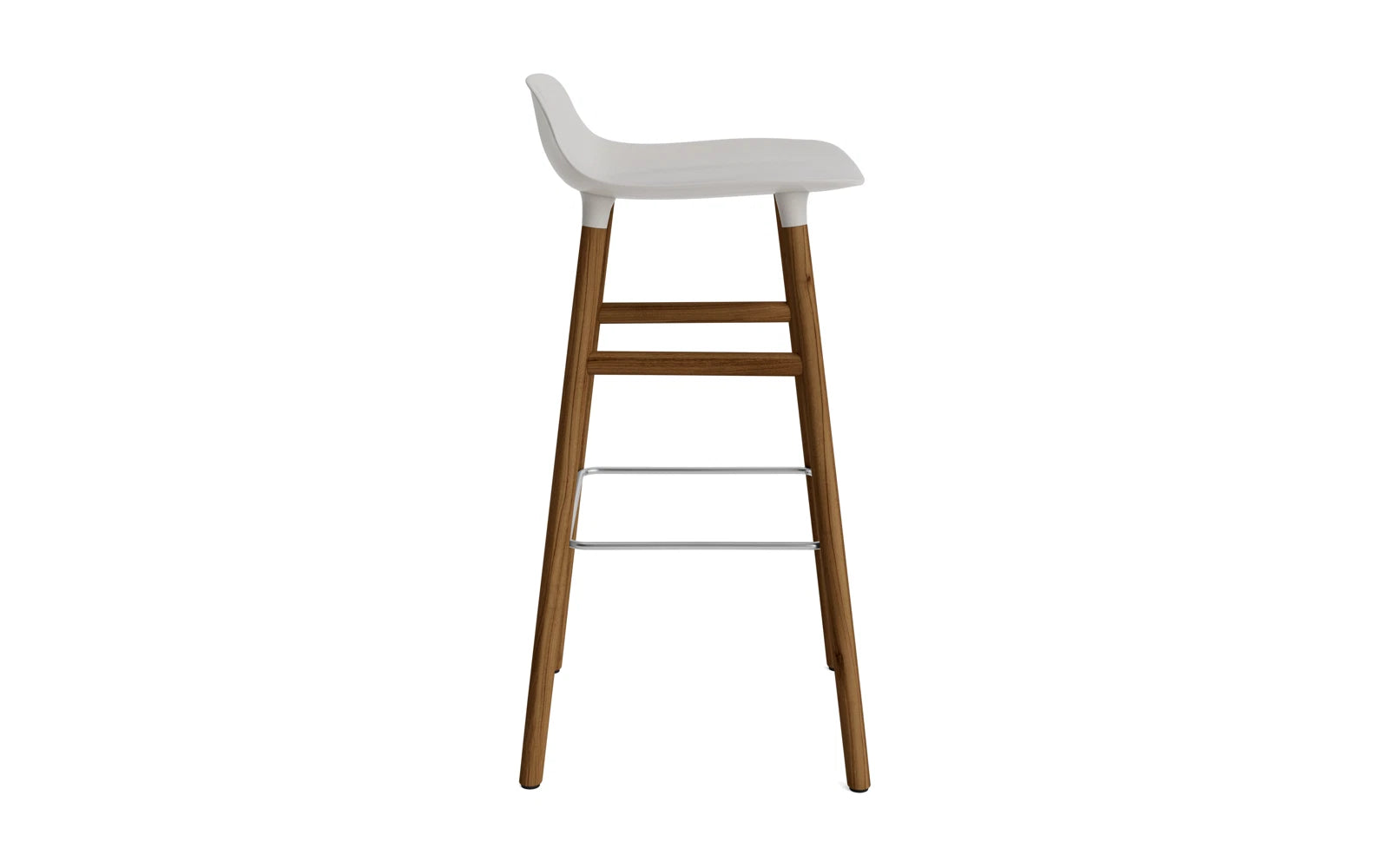 Eleganter Form Barstuhl in warmem Grau und Walnuss, ideal für moderne Wohnräume und stilvolle Bars. Komfortabel und zeitlos.