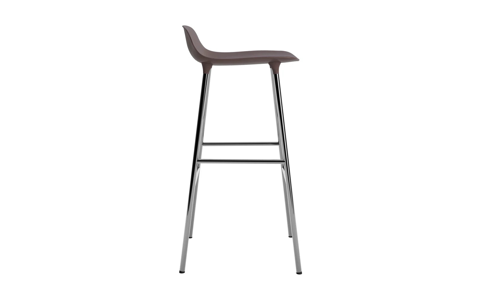 Eleganter Form Barstuhl in Braun und Chrom, 75 cm hoch, ideal für moderne Bars und Küchen, vereint Funktionalität und ästhetisches Design.