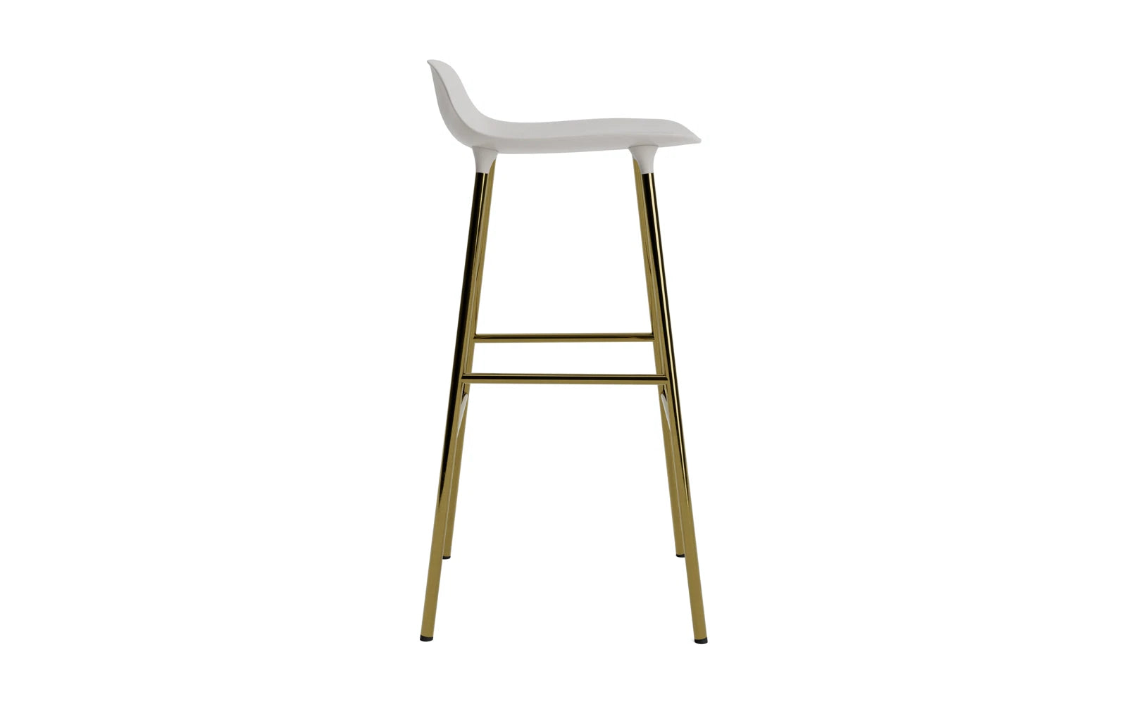 Eleganter Form Barstuhl in warmem Grau mit edlen Messingdetails, ideal für moderne Wohnräume und Bars.