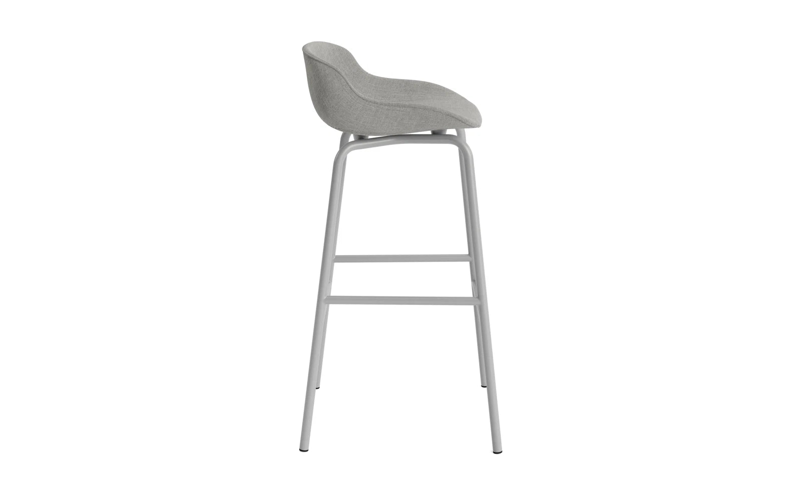 Moderner Hyg Barhocker von Normann Copenhagen, 75 cm hoch, mit grauem Vollpolster und robuster Stahlbasis, ideal für stilvolle Bars und Küchen.
