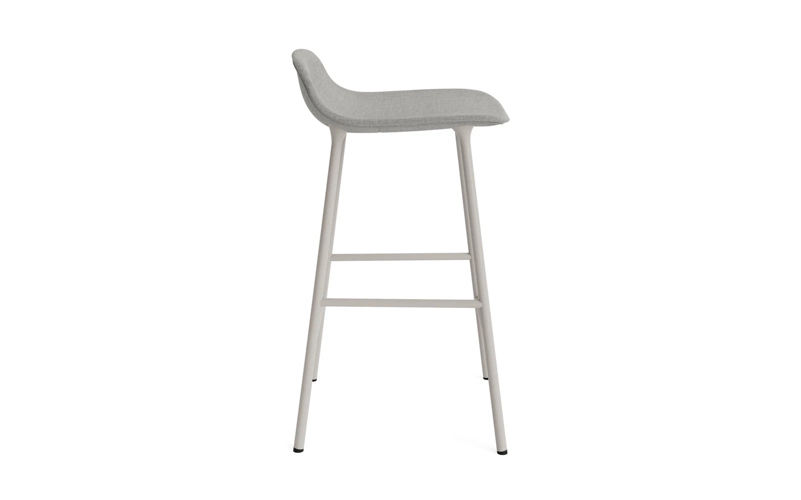 Entdecken Sie den Form Barstuhl 65 cm in stilvollem warmen Grau. Gepolstert und mit einem stabilen Stahlgestell, bietet er höchsten Komfort und modernes Design.