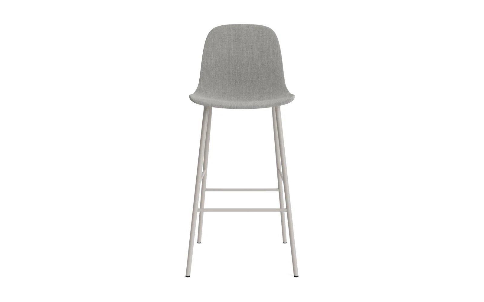 Moderner Barstuhl mit 75 cm Höhe, gepolstert in warmem Grau, robustes Stahlgestell – perfektes Design für gemütliche Bar- und Essumgebungen.