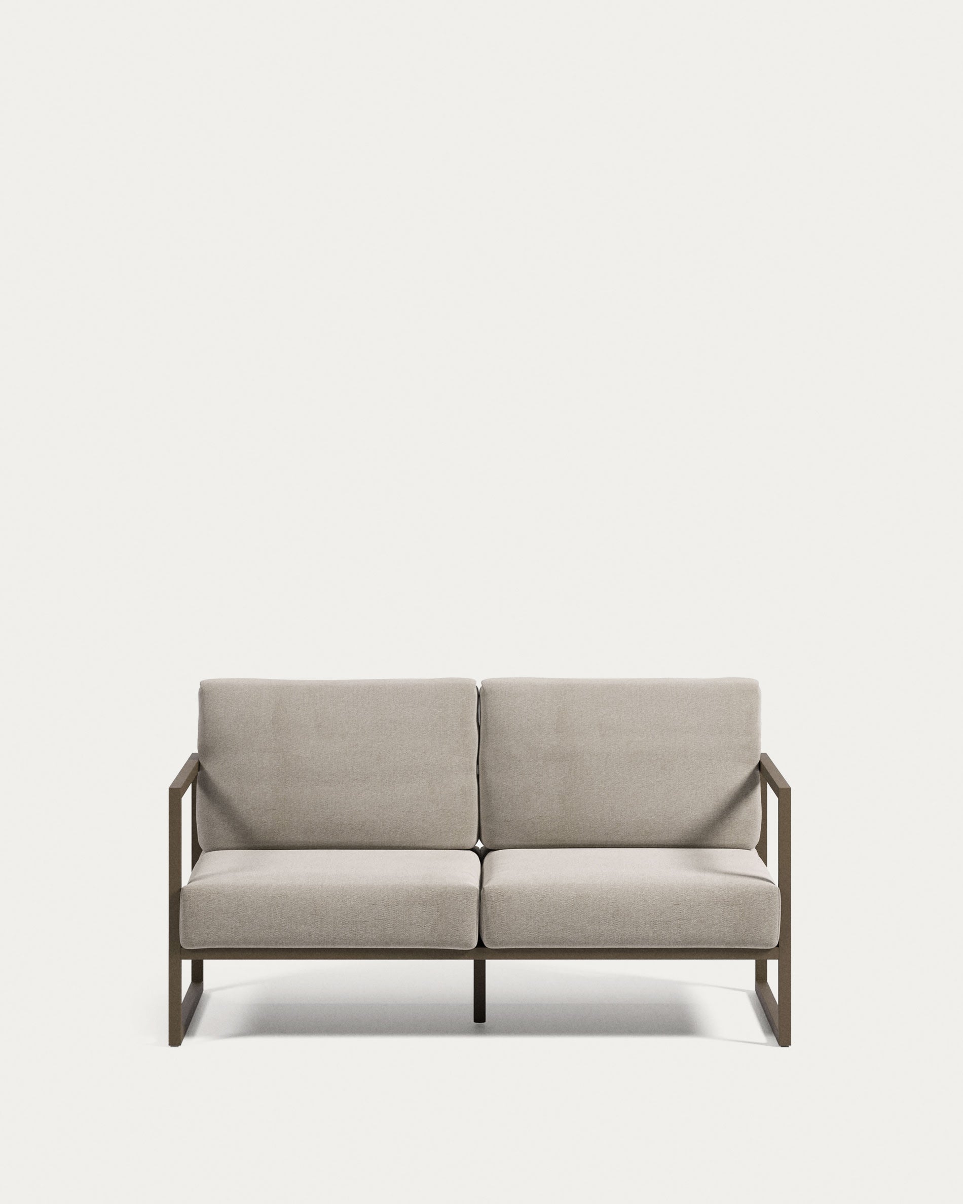 Elegantes Comova 2-Sitzer Sofa in hellgrau mit grünem Aluminiumrahmen, perfekt für entspannte Stunden im Freien.