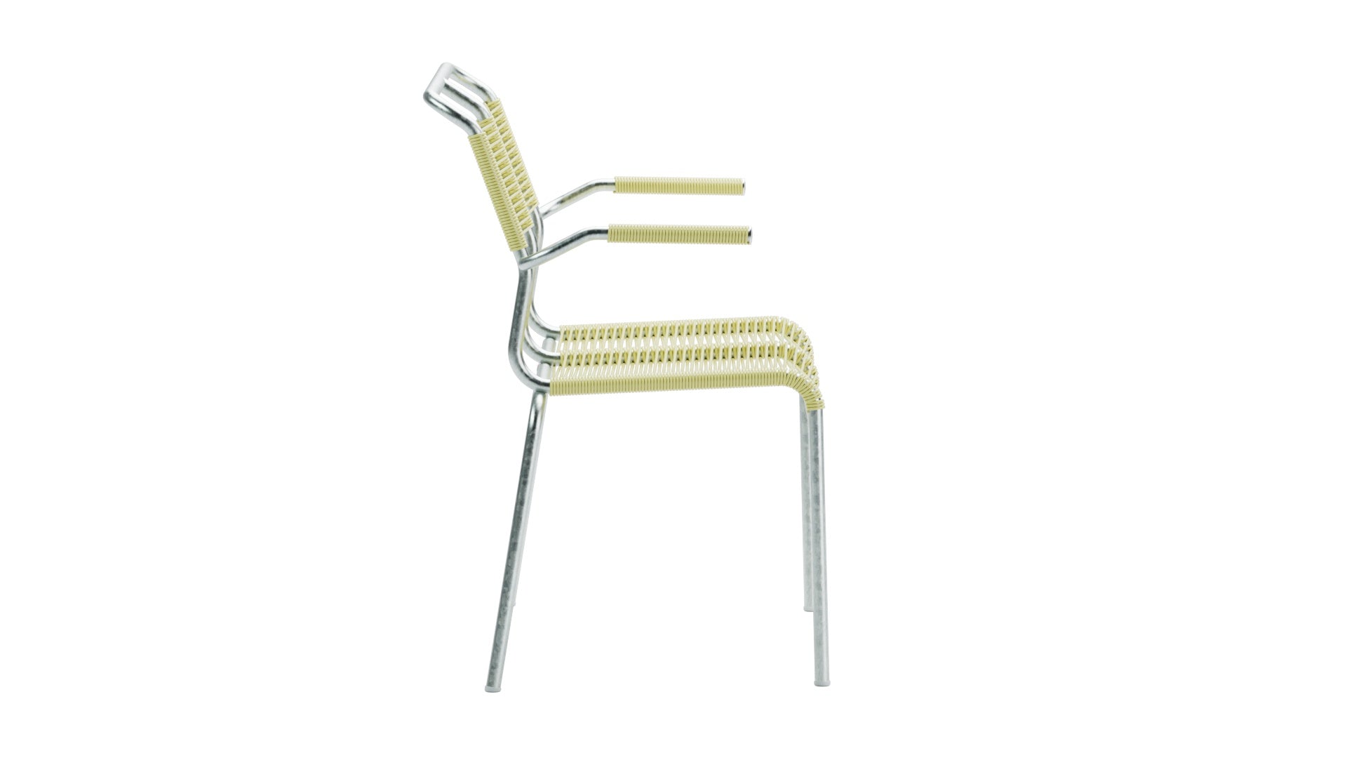 Stilvolle Säntis Spaghetti 2er Gartenbank mit Armlehnen, wetterfestes Metall, umweltfreundliche OceanYarn®-Bespannung, langlebig, Swiss Made für Garten & Terrasse.