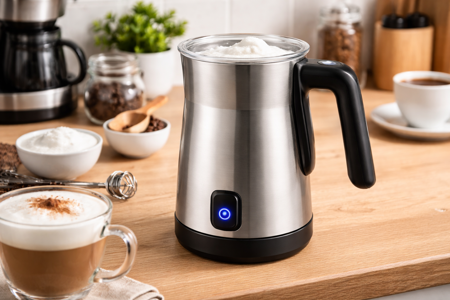 Verschiedene stilvolle Milchschäumer in hochwertiger Verarbeitung, ideal für cremigen Milchschaum bei Kaffee, Kakao und mehr. Für jeden Bedarf passend.
