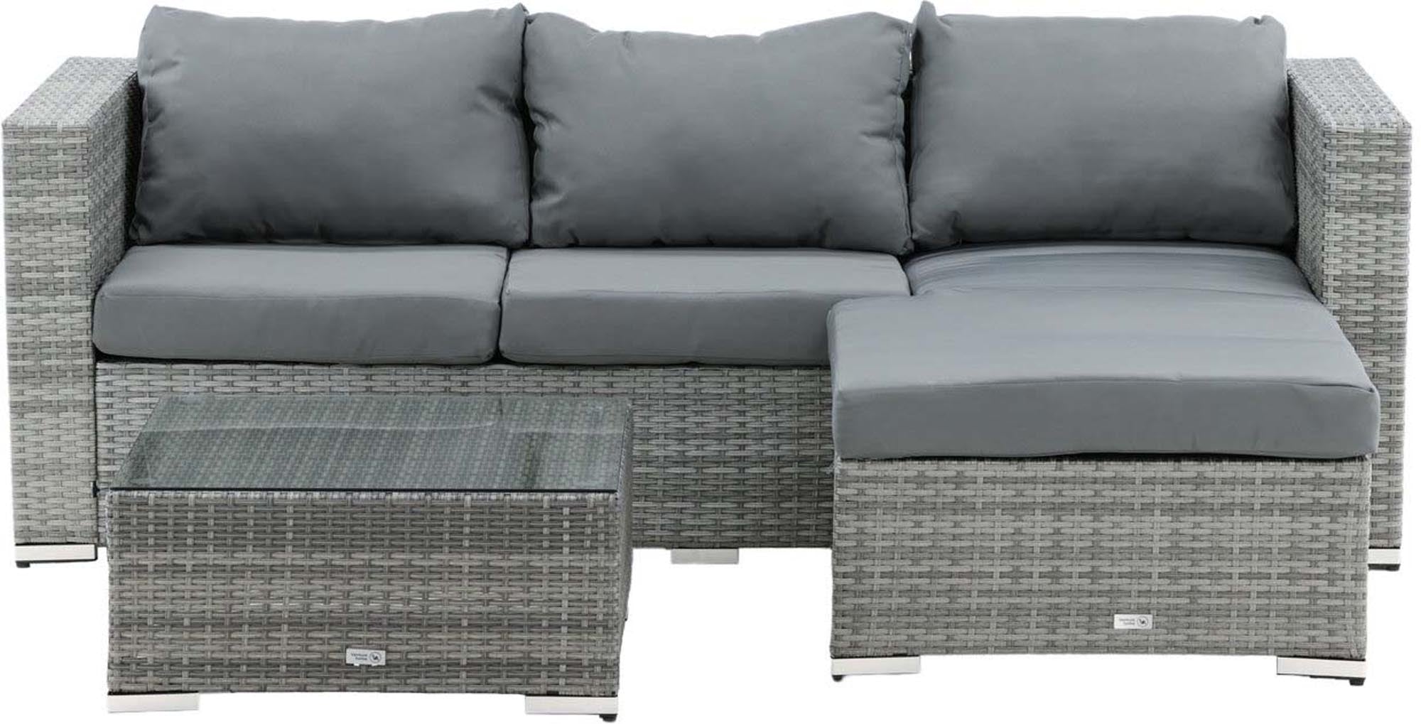 Elegantes Rotterdam Sofaset von Venture Home: Modernes Design mit grauem Geflecht, komfortablen Kissen und wetterfesten Materialien für entspannte Stunden im Freien.
