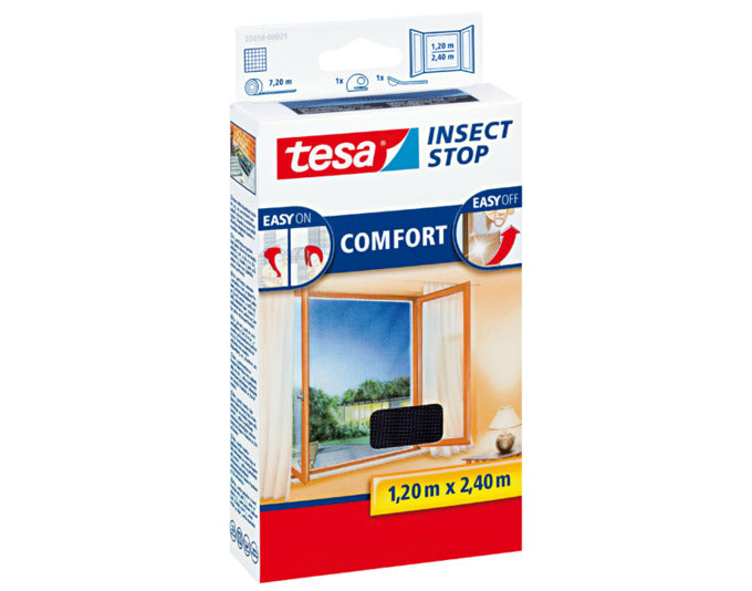 TESA Fliegengitter Comfort für Fenster in anthrazit, Maße 1.2x2.4 m, idealer Insektenschutz für Zuhause, präsentiert in ansprechender Umgebung.