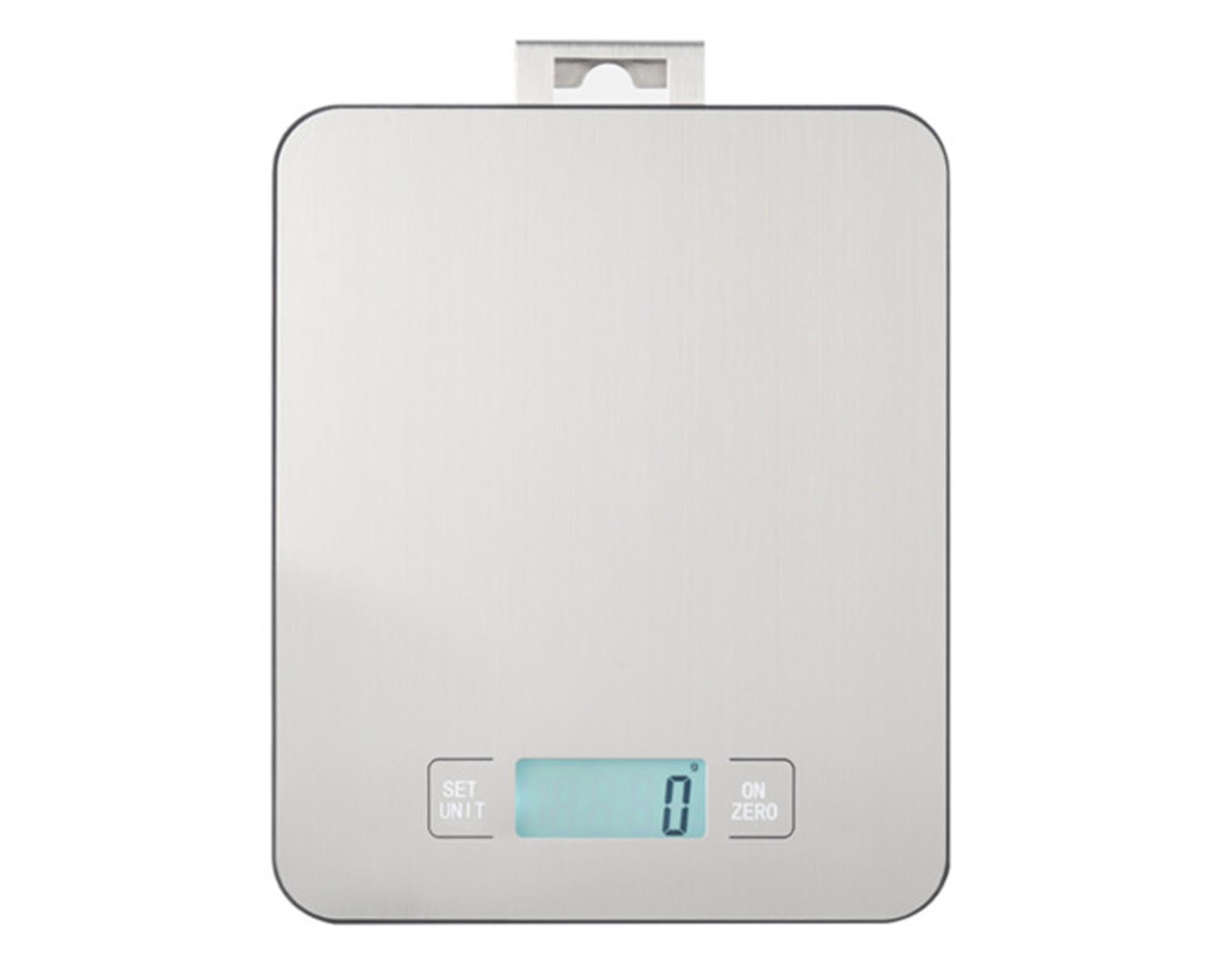 Digitale Küchenwaage von EVA COLLECTION mit Haken, rostfreier Edelstahl, bis 15 kg, perfekt für präzises Abwiegen in der Küche.