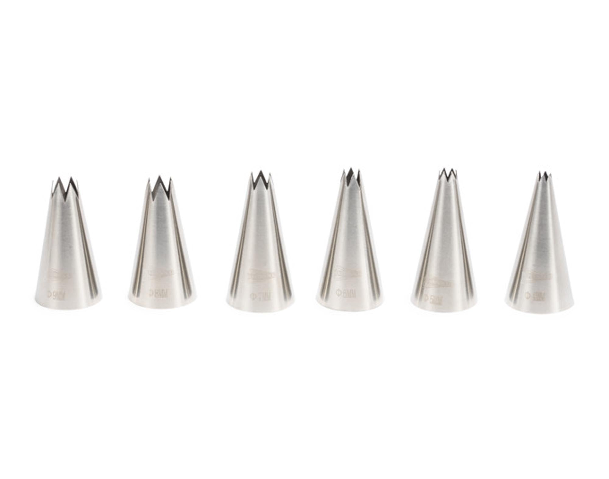 6-teiliges PATISSE Spritztüllen Set aus Inox für kunstvolle Sternmuster. Langlebig, hygienisch, spülmaschinenfest. Perfekt für Hobbybäcker.