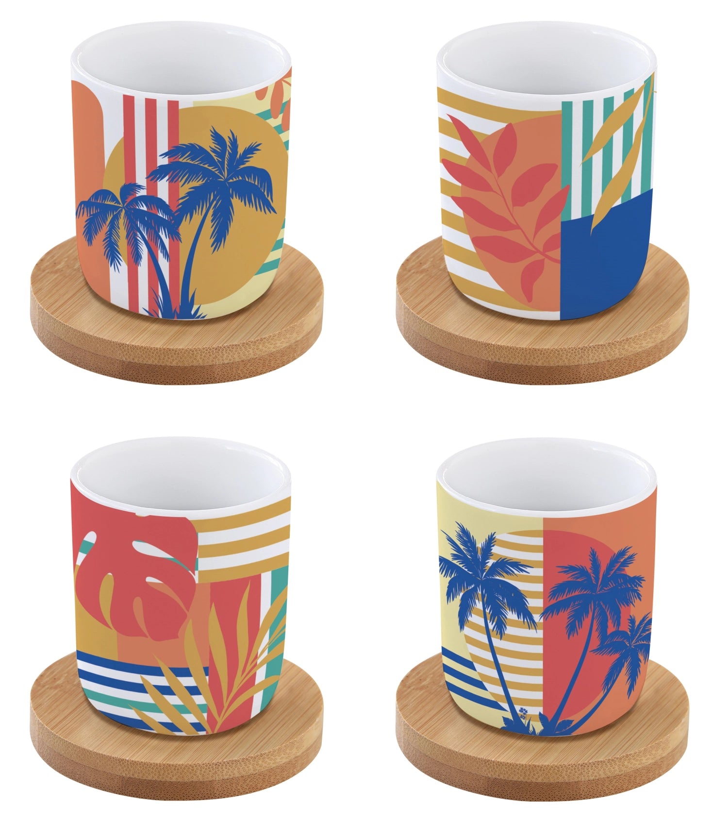 Set aus 4 bunten Kaffeebechern mit Bambusuntersetzern, ideal für Espresso-Liebhaber, stilvoll und umweltfreundlich von Easy Life.