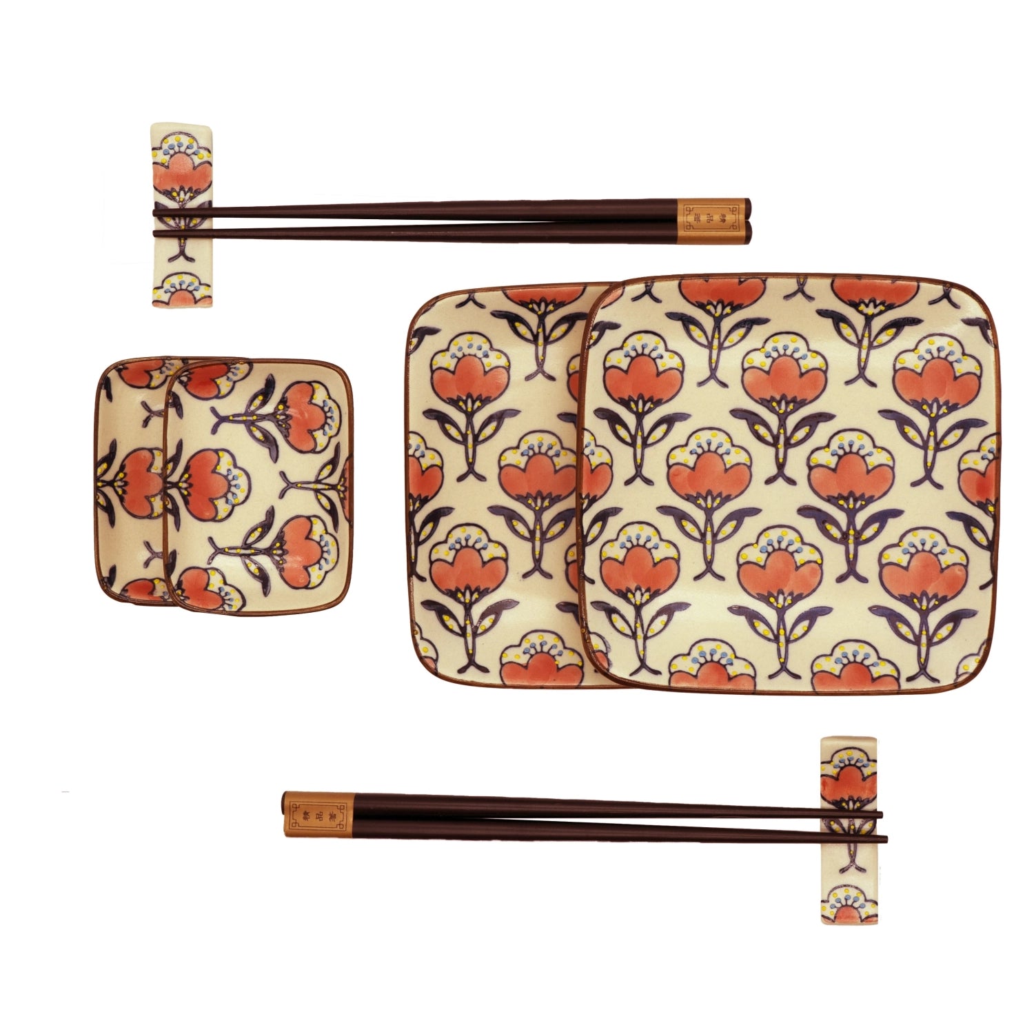 Stilvolles 2er Set aus roten Tellern und Schüsseln, ideal für kleine Speisen und Snacks, inklusive Stäbchen, perfekt für asiatische Genüsse.