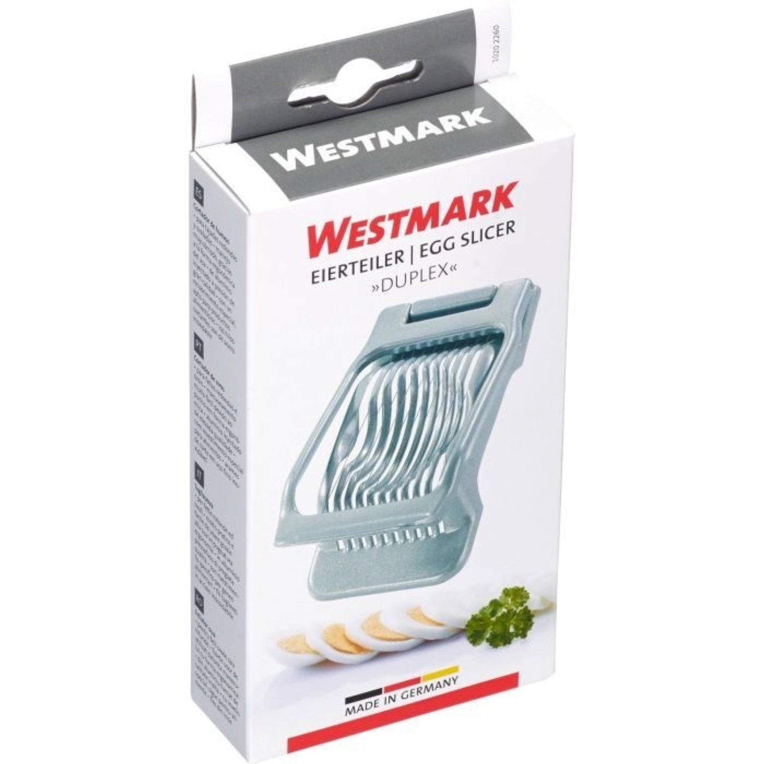 Praktischer Eierteiler Duplex von Westmark, 13.5x8x3.5cm, für gleichmäßige und saubere Eierscheiben, ideal für kreative Gerichte und Dekoration.