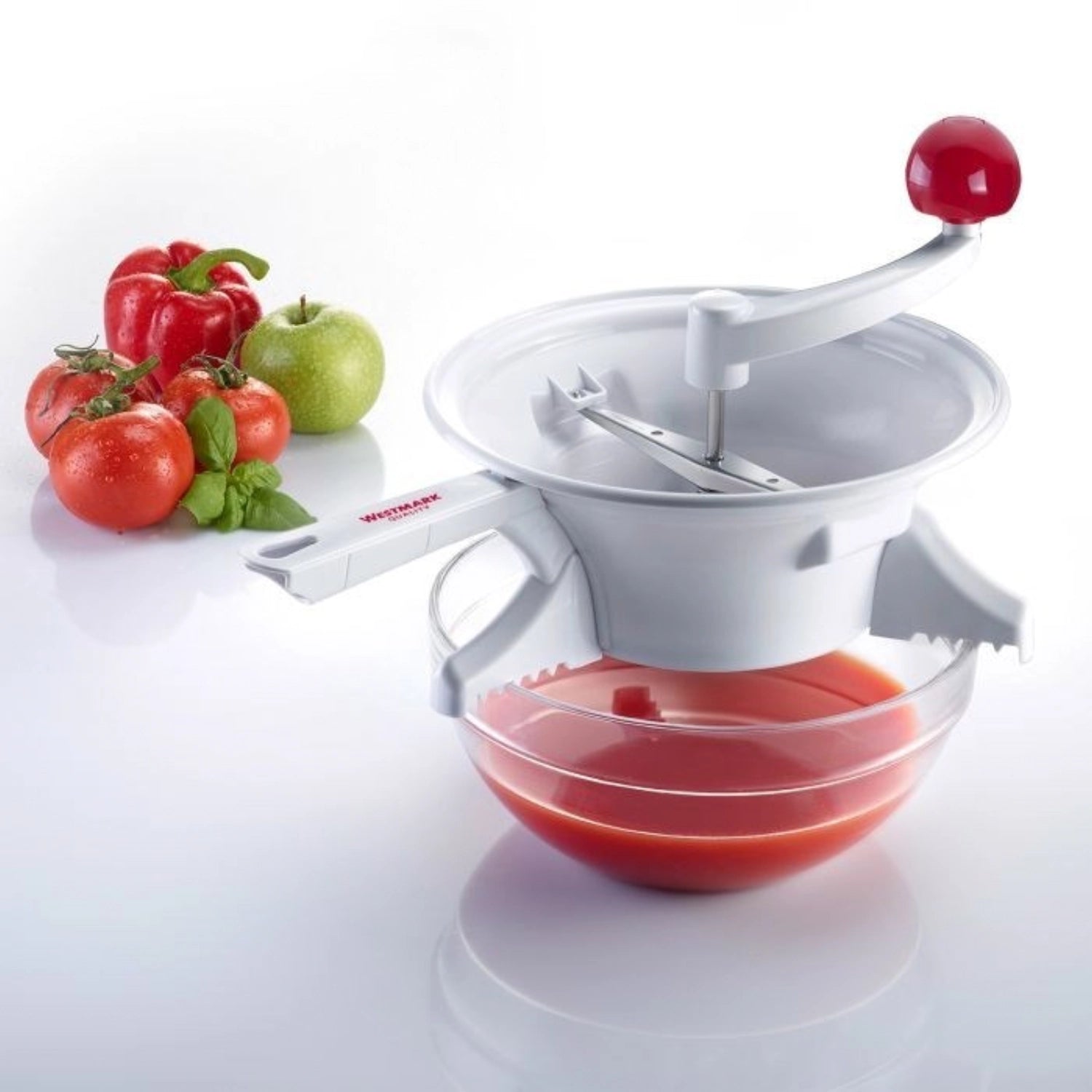 Praktische Passiermaschine von Westmark, aus robustem Kunststoff, ideal für die Zubereitung von feinen Pürees und Saucen in der Küche.
