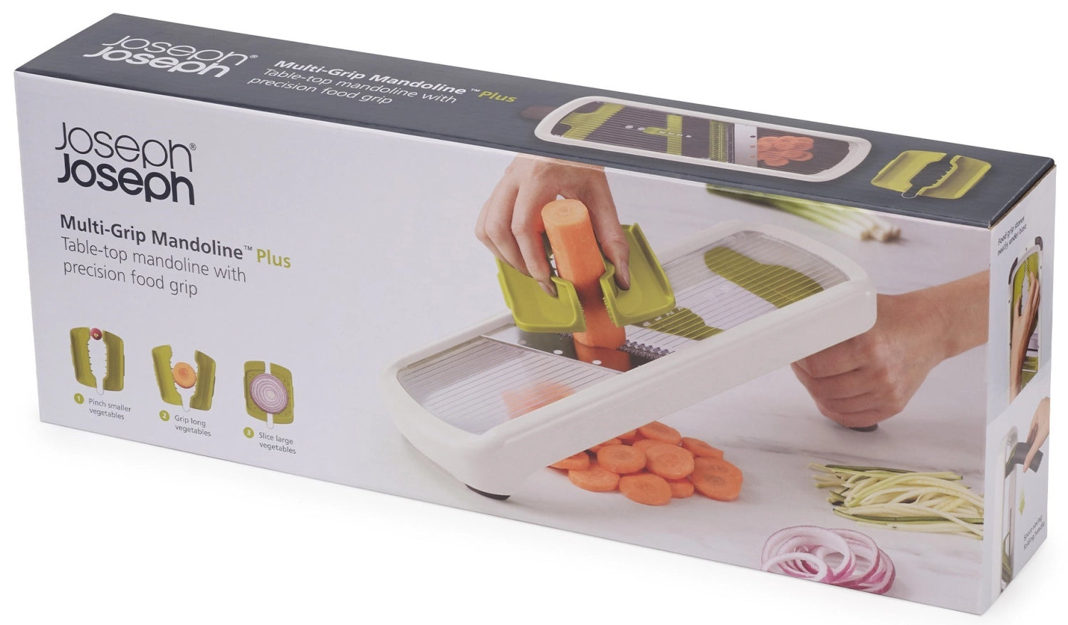 Praktische Multi-Grip Mandoline Plus in stilvollem Weiß, perfekt zum einfachen Schneiden und Raspeln von Obst und Gemüse.
