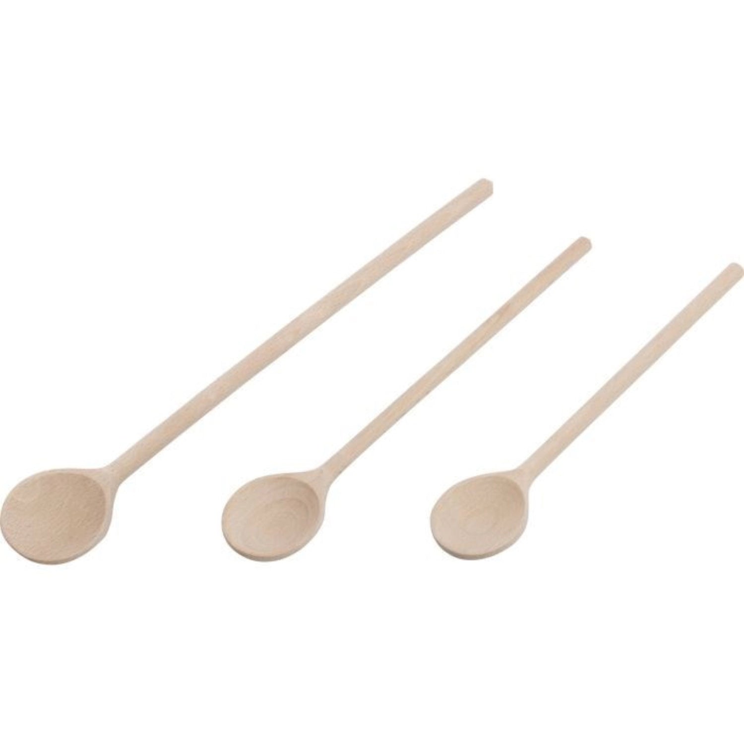 Set aus 3 Rührlöffeln in verschiedenen Größen (25, 28, 35 cm) aus natürlichem Holz, ideal für die Küche und zum Kochen.