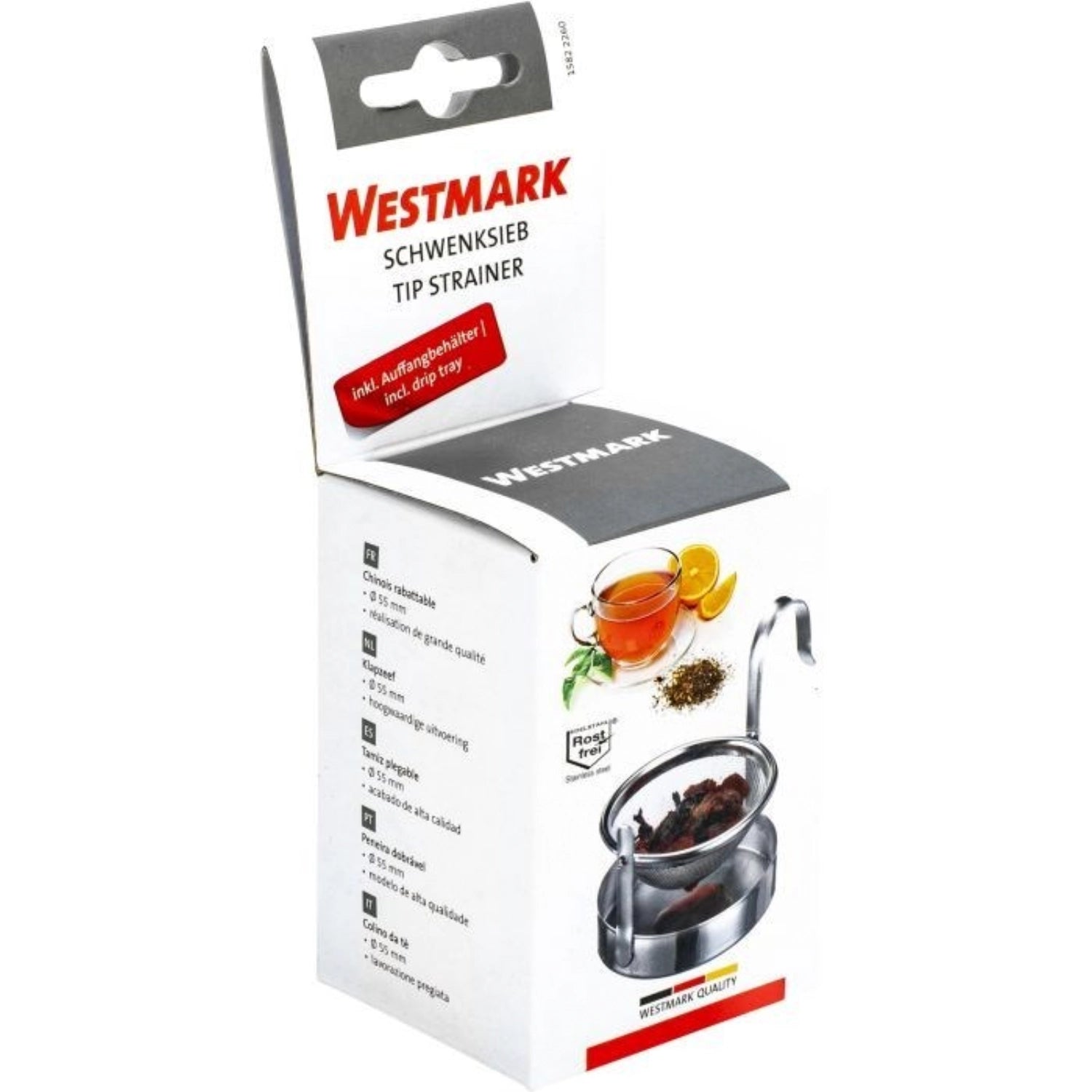 Praktisches Schwenksieb von Westmark, ideal für das mühelose Abseihen von Lebensmitteln. Kompakte Größe 7.5x5.5x6cm, robust und leicht zu handhaben.