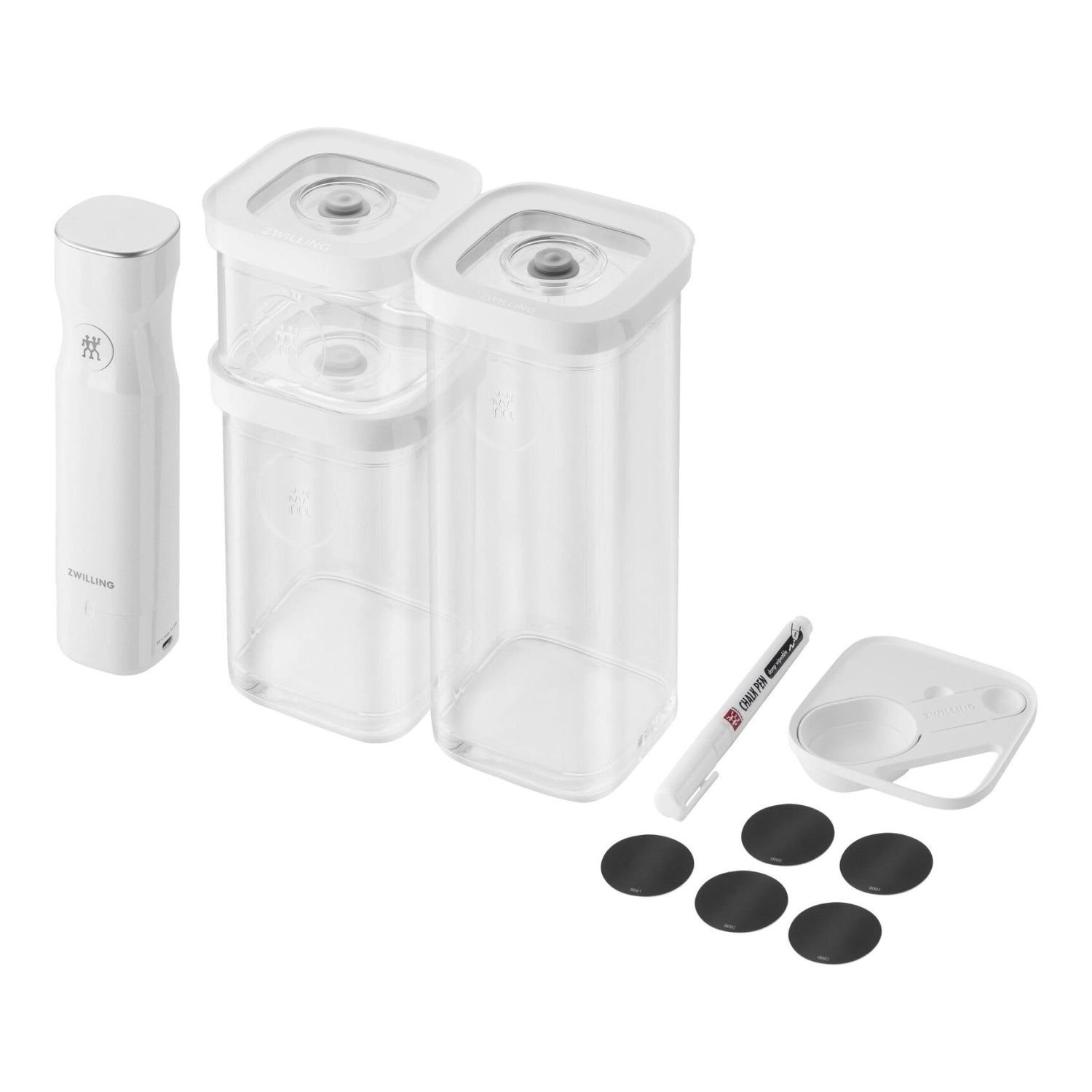 Transparente 6-teilige Vakuum-Boxen von Zwilling, ideal zum Frischhalten und Aufbewahren von Lebensmitteln, stilvolles Design in Weiß.