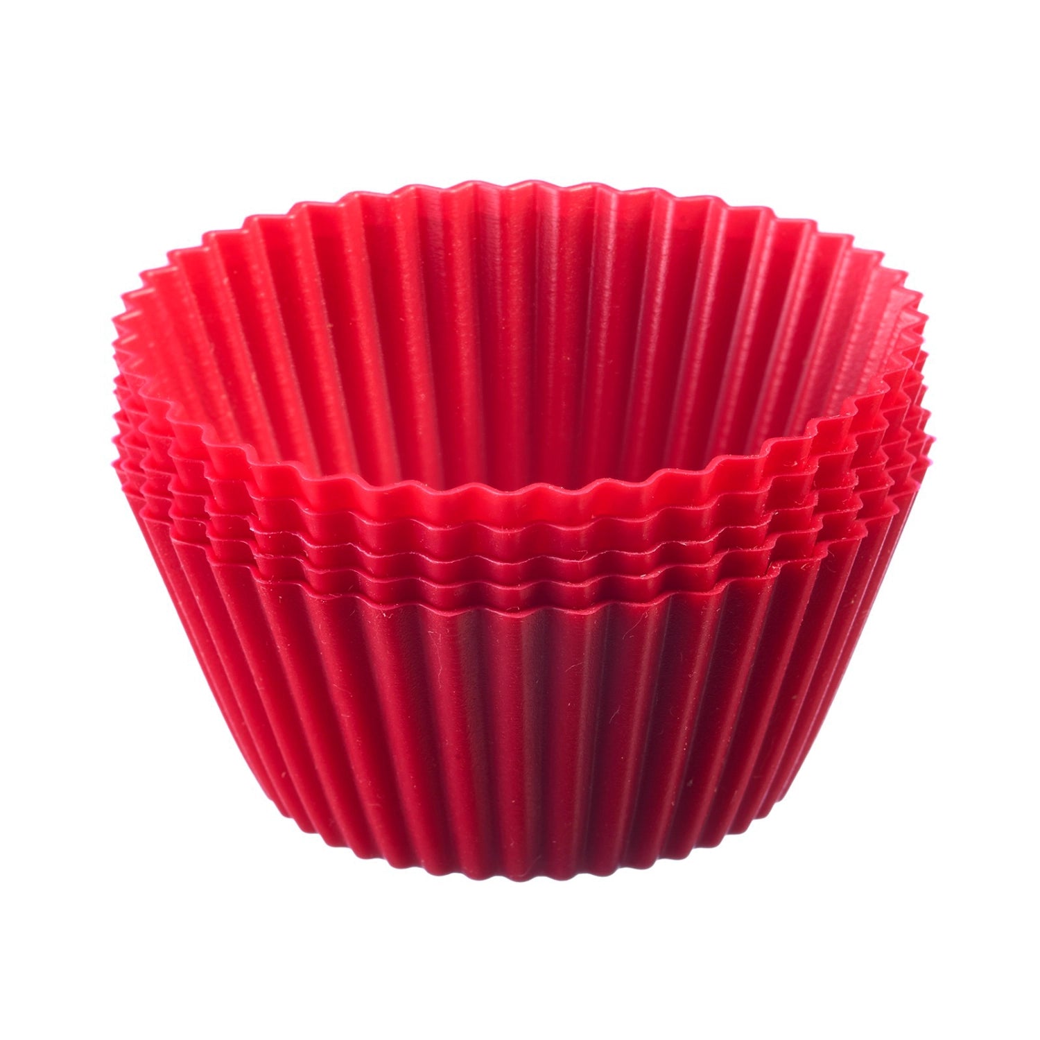 Sechs rote Silikon-Muffinformen von Westmark, Durchmesser 7 cm, ideal für das Backen von Muffins und anderen Leckereien.