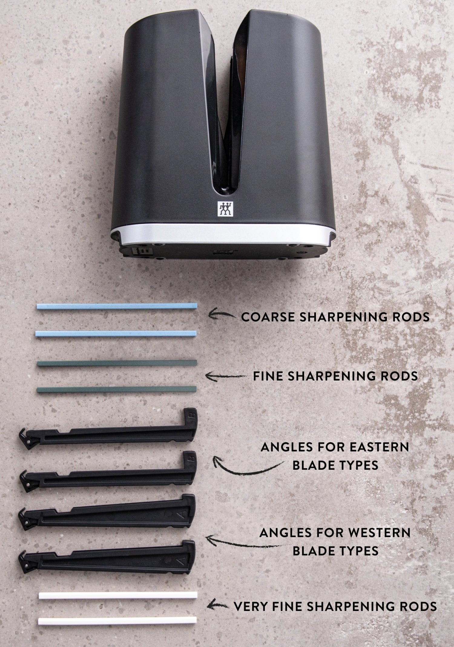 Praktischer Zwilling V-Edge Messerschärfer in elegantem Schwarz, ideal für präzises Schärfen von Küchenmessern und perfekten Schnitt.