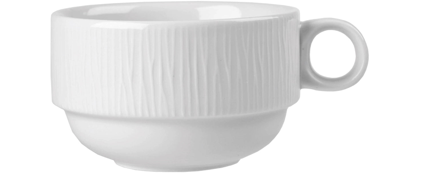 Elegante 28cl Tasse aus der Bamboo White Serie von Churchill, ideal für Heißgetränke, mit zeitgemäßem, minimalistischen Design und stapelbarer Funktionalität.
