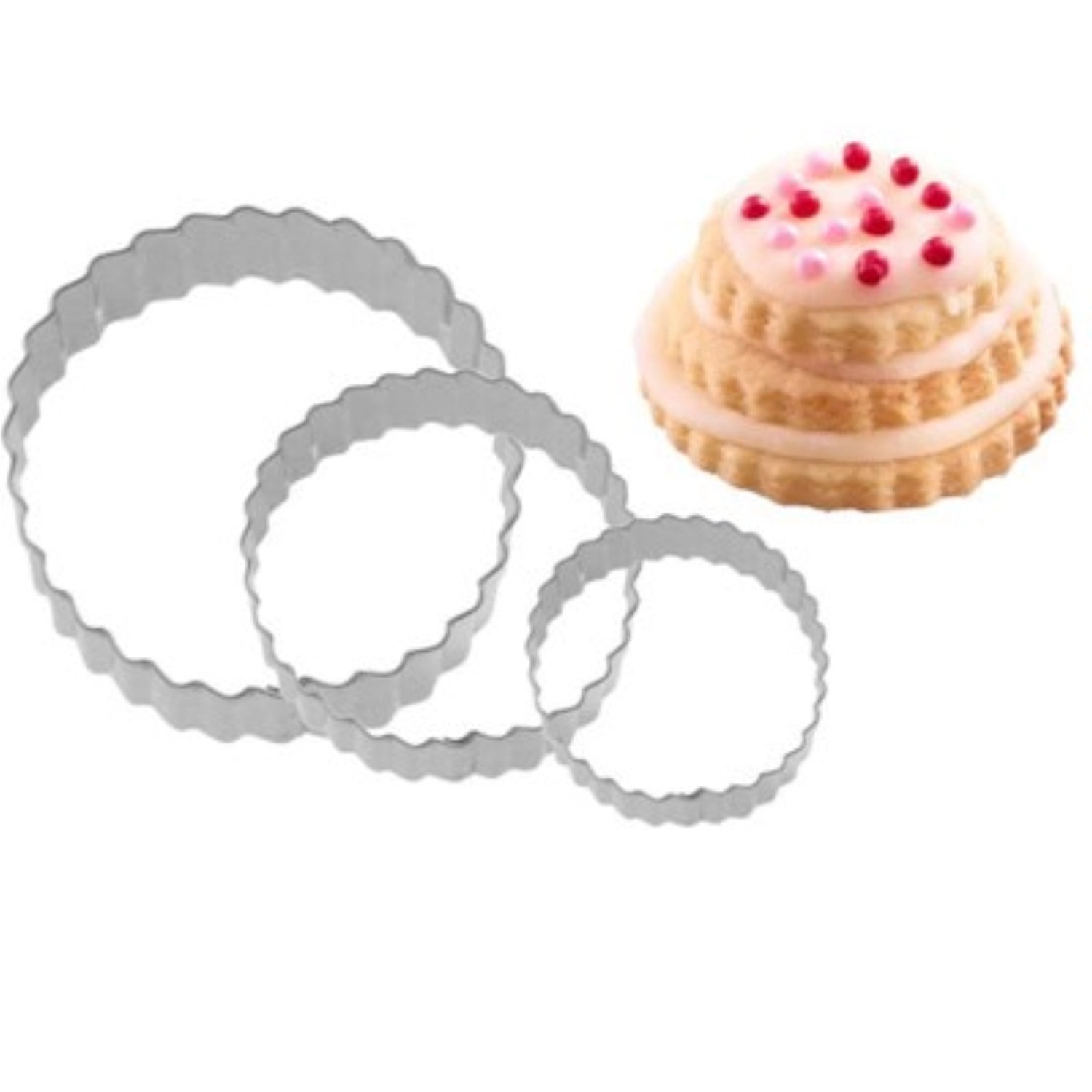 Drei gewellte Ausstechformen in Ringform (4, 5, 6 cm) von Westmark, ideal für das kreative Ausstechen von Plätzchen und Dekorationen.