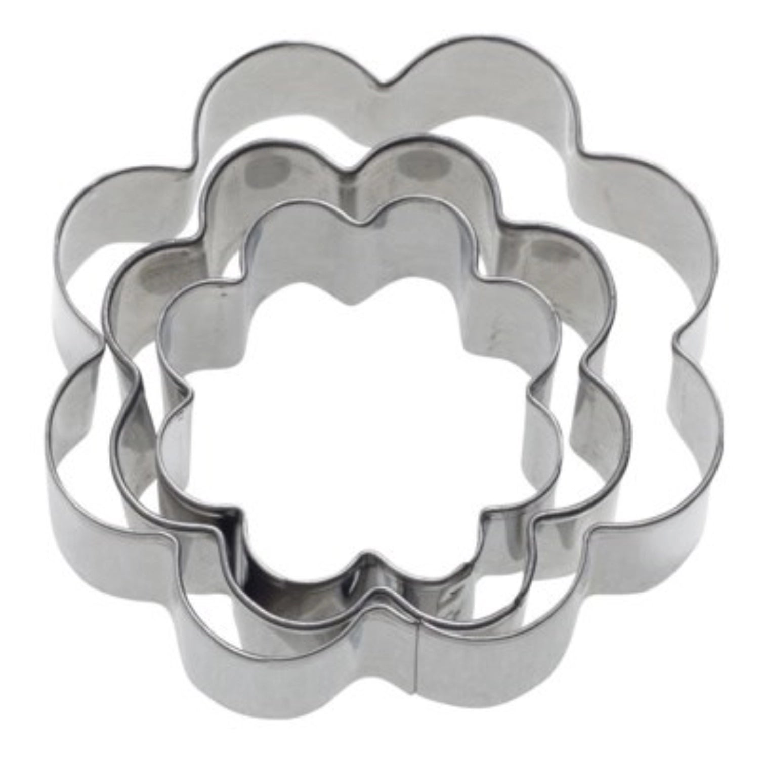 Set aus drei Terrassen-Ausstechformen in Rosettenform von Westmark, Durchmesser 4, 5 und 6 cm, perfekt für das Ausstechen von Plätzchen und Dekorationen.