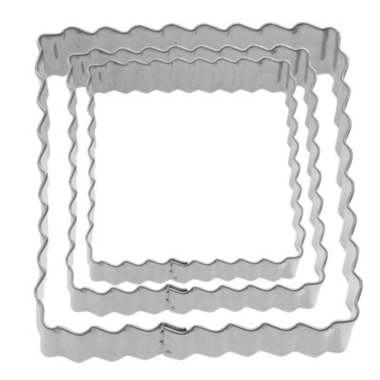 Set aus drei gewellten quadratischen Ausstechformen (4, 5, 6 cm) aus Edelstahl von Westmark, perfekt für kreative Backprojekte und Dekorationen.