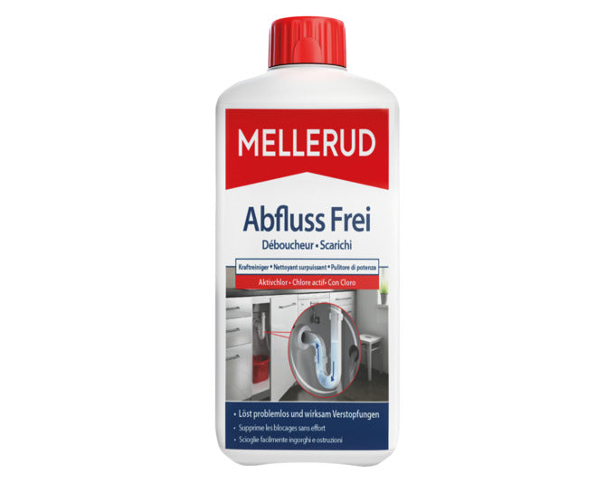 MELLERUD Abfluss Frei Kraftreiniger 1.0 l in einer transparenten Flasche, ideal zur effektiven Reinigung von Abflüssen und Rohren.