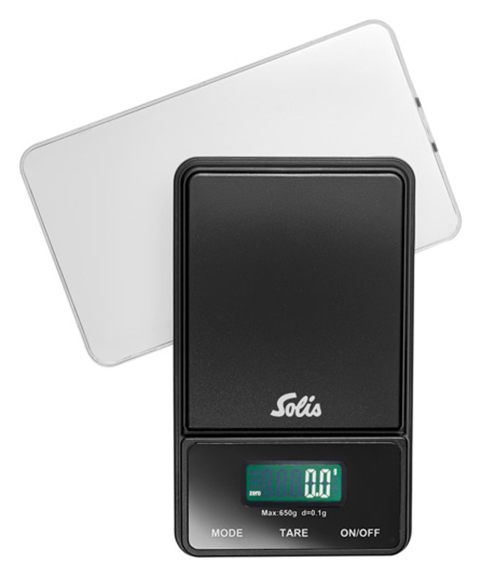 Kompakte SOLIS Küchenwaage, 650g max, 0,1g genau, mit Tara-Funktion, ideal für präzises Kochen und Backen.