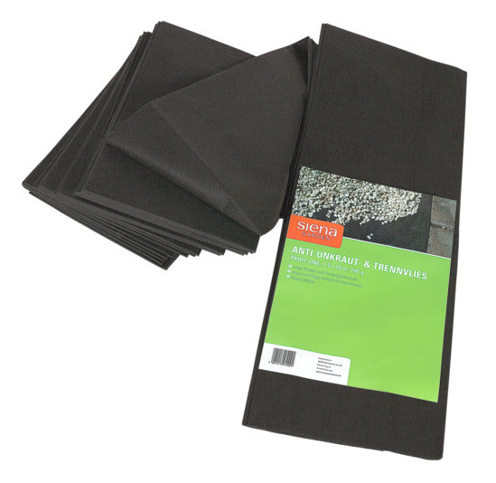 Schwarzes Unkrautvlies von SIENA GARDEN, 1.5x10 m, 100 g/m² – optimaler Schutz für Beete und Pflanzen gegen Unkrautwuchs.