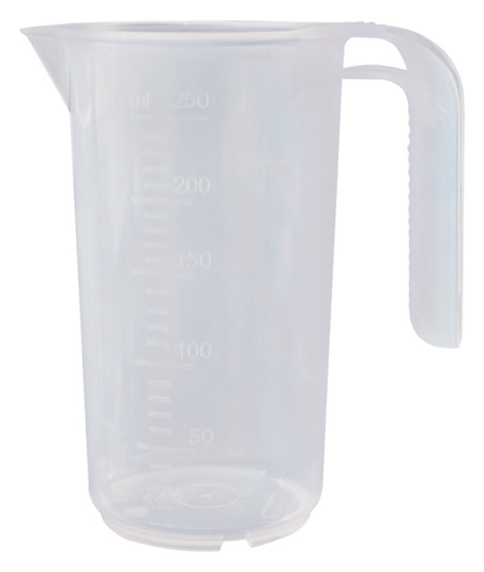 Transparenter Messbecher mit offenem Griff, 0,25 l, ideal für präzises Abmessen von Flüssigkeiten in der Küche oder im Labor.