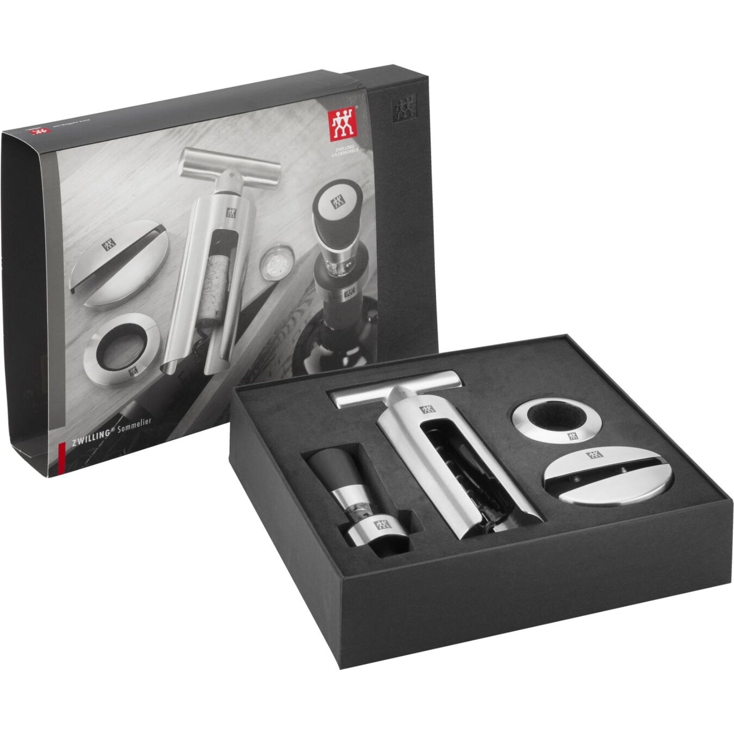 Elegantes 4-teiliges Sommelier-Set von Zwilling Kitchen, ideal für Weinliebhaber, umfasst Korkenzieher, Ausgießer und mehr für unvergessliche Genussmomente.